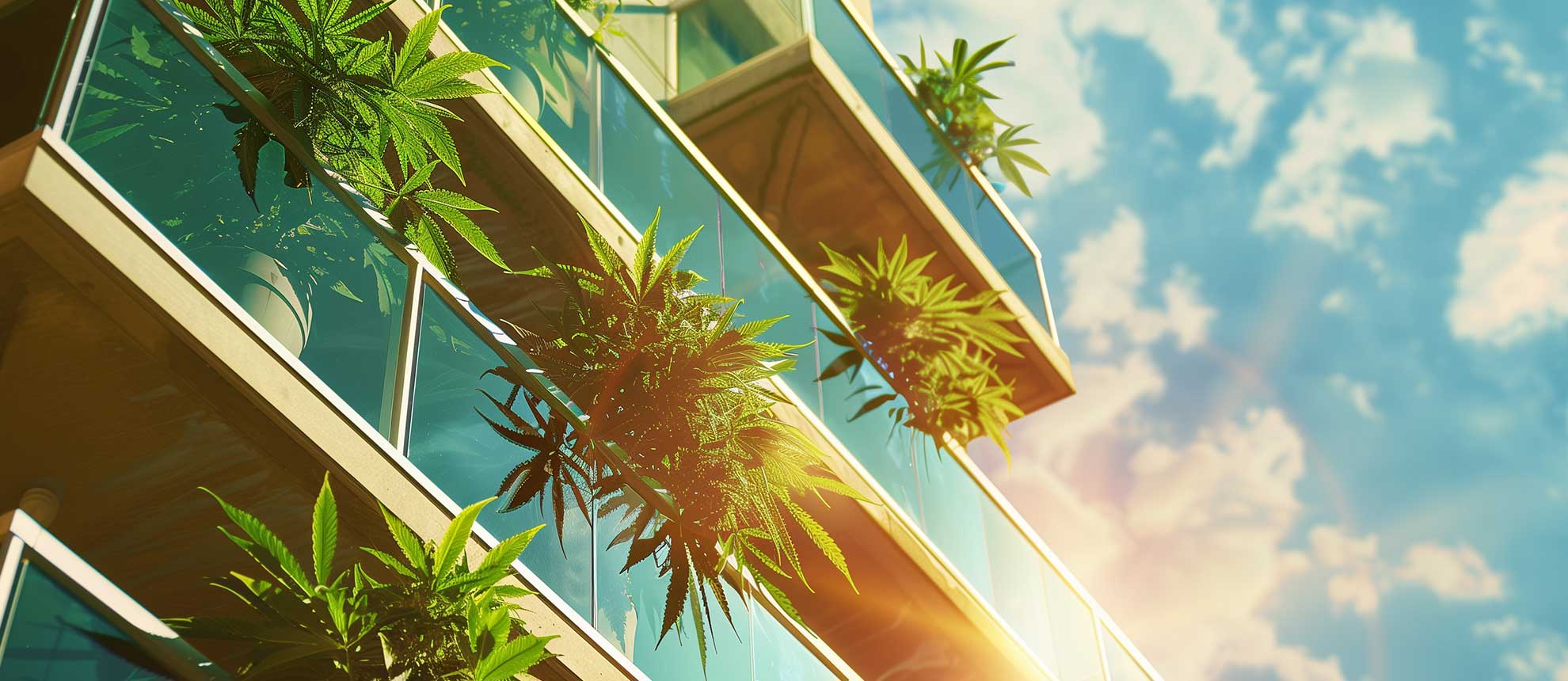 Cannabis Pflanzen auf Balkon in einer Hochhaussiedlung